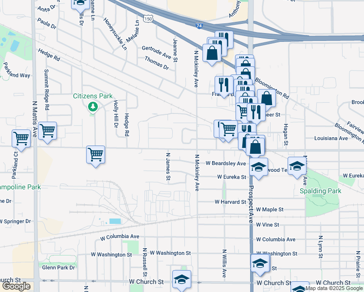 map of restaurants, bars, coffee shops, grocery stores, and more near 1210 Providence Circle in Champaign