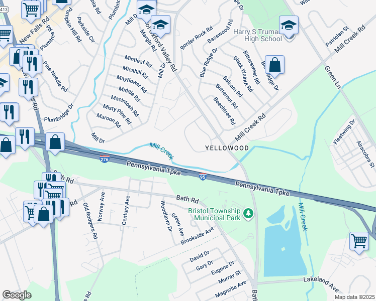 map of restaurants, bars, coffee shops, grocery stores, and more near 101 Pamela Court in Levittown