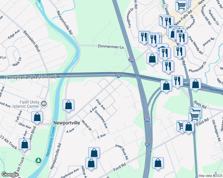 map of restaurants, bars, coffee shops, grocery stores, and more near 4101 Hillside Avenue in Levittown