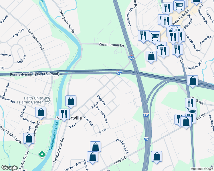 map of restaurants, bars, coffee shops, grocery stores, and more near 2800 New Falls Road in Levittown