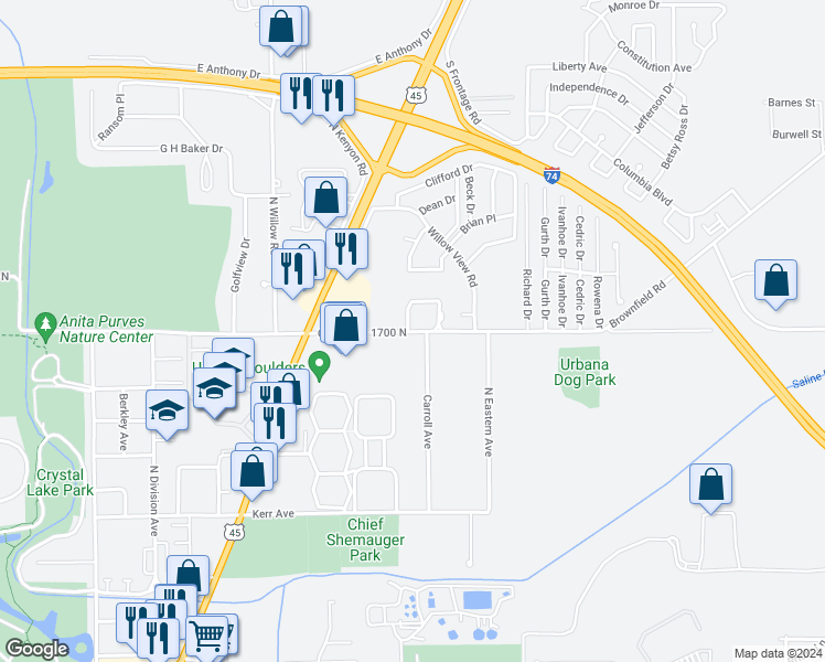 map of restaurants, bars, coffee shops, grocery stores, and more near 105 Spring Circle in Urbana