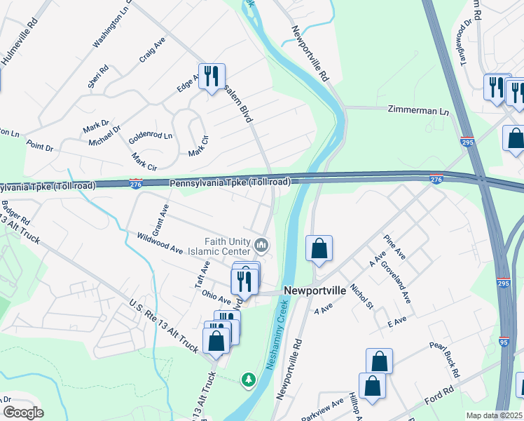 map of restaurants, bars, coffee shops, grocery stores, and more near 6087 Spring Avenue in Bensalem