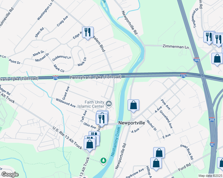 map of restaurants, bars, coffee shops, grocery stores, and more near 6087 Spring Avenue in Bensalem