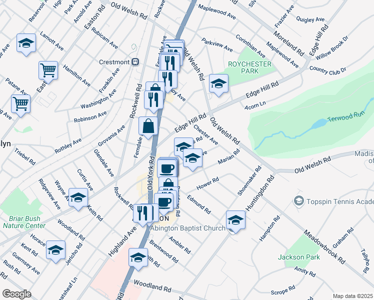 map of restaurants, bars, coffee shops, grocery stores, and more near 1571 Williams Road in Abington
