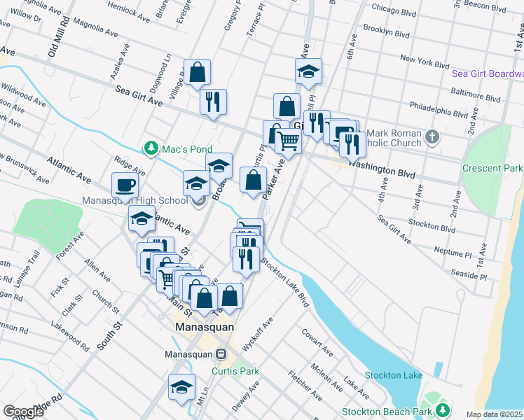 map of restaurants, bars, coffee shops, grocery stores, and more near 202 Parker Avenue in Manasquan
