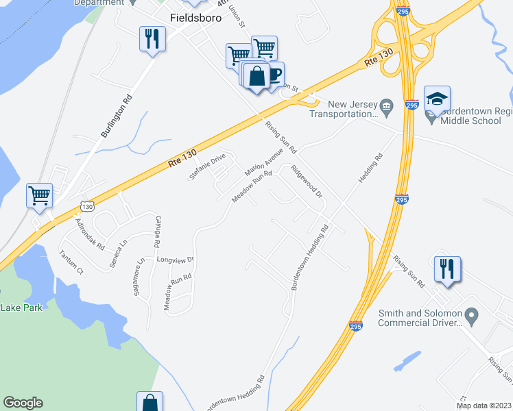 map of restaurants, bars, coffee shops, grocery stores, and more near 500 Crestview Court in Bordentown