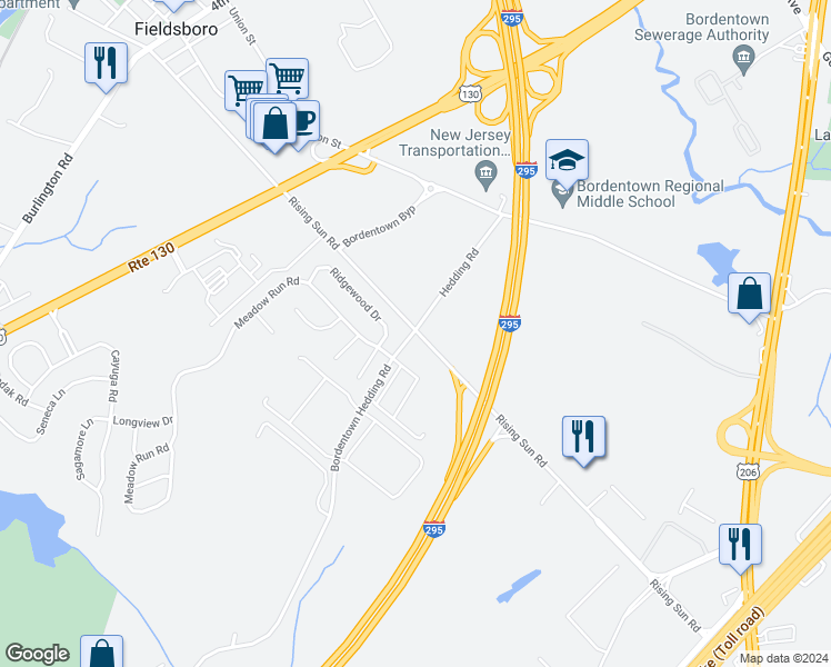 map of restaurants, bars, coffee shops, grocery stores, and more near 118 Bordentown Hedding Road in Fieldsboro