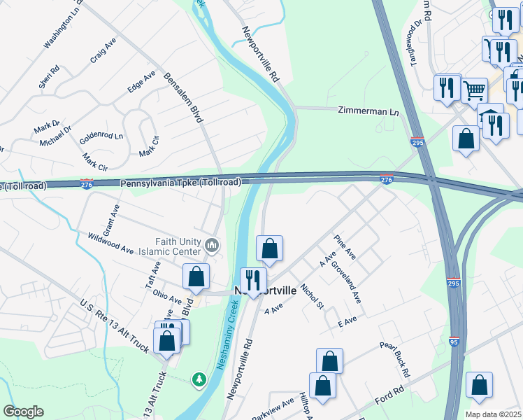 map of restaurants, bars, coffee shops, grocery stores, and more near 4607 Newportville Road in Levittown