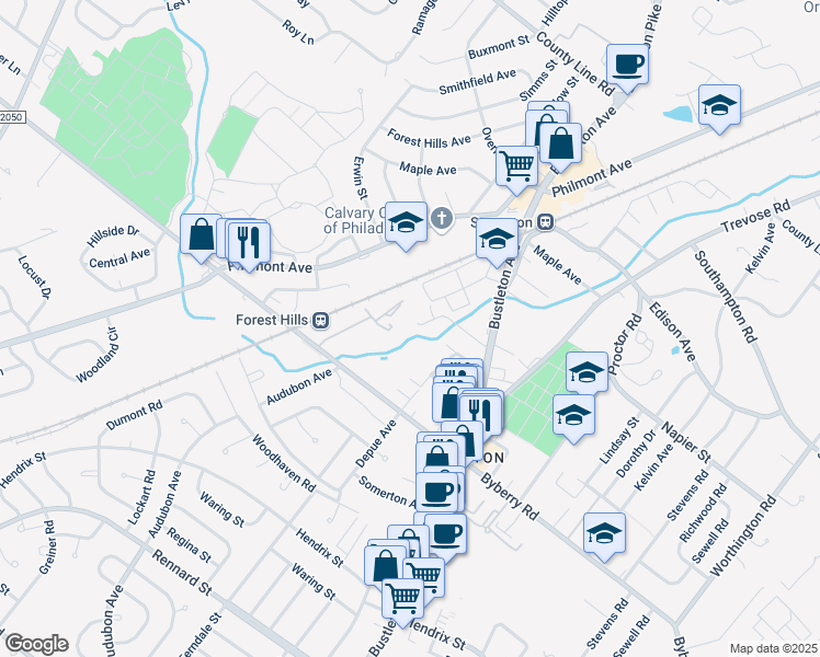 map of restaurants, bars, coffee shops, grocery stores, and more near 400 Laura Lane in Philadelphia