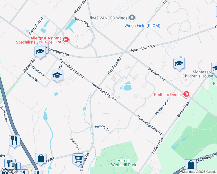 map of restaurants, bars, coffee shops, grocery stores, and more near 38 Winston Court in Blue Bell