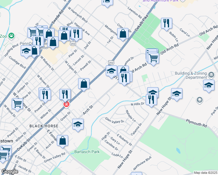 map of restaurants, bars, coffee shops, grocery stores, and more near 1830 Arch Street in Norristown