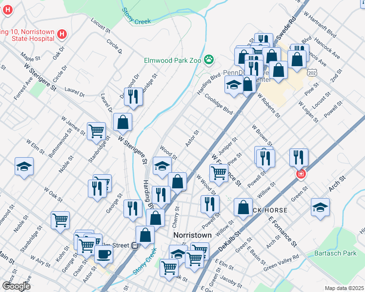 map of restaurants, bars, coffee shops, grocery stores, and more near 406 West Fornance Street in Norristown