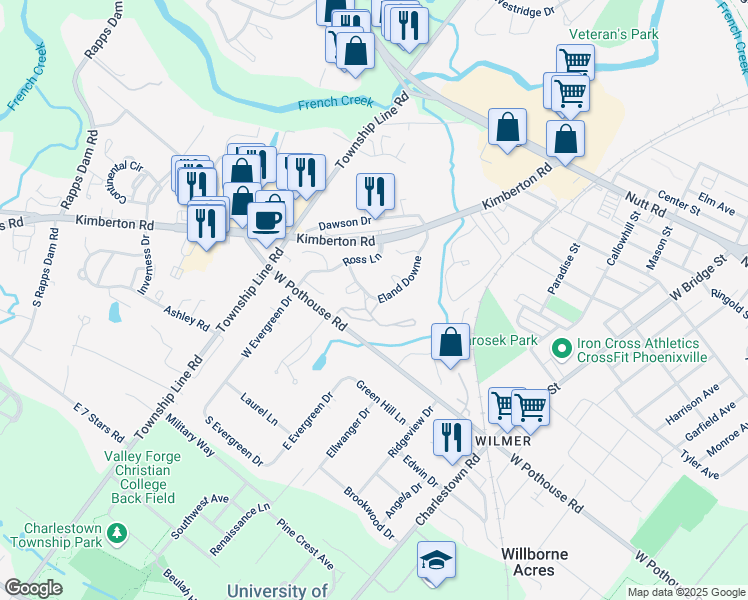 map of restaurants, bars, coffee shops, grocery stores, and more near 2005 Eland Downe in Phoenixville