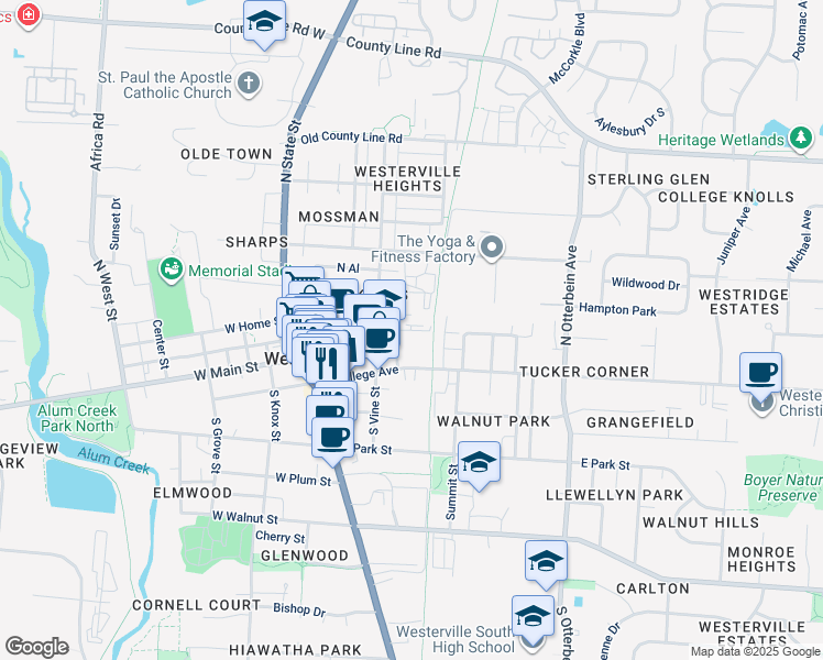 map of restaurants, bars, coffee shops, grocery stores, and more near 130 East Home Street in Westerville