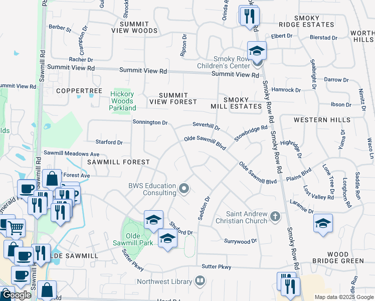 map of restaurants, bars, coffee shops, grocery stores, and more near 2317 Olde Sawmill Boulevard in Dublin