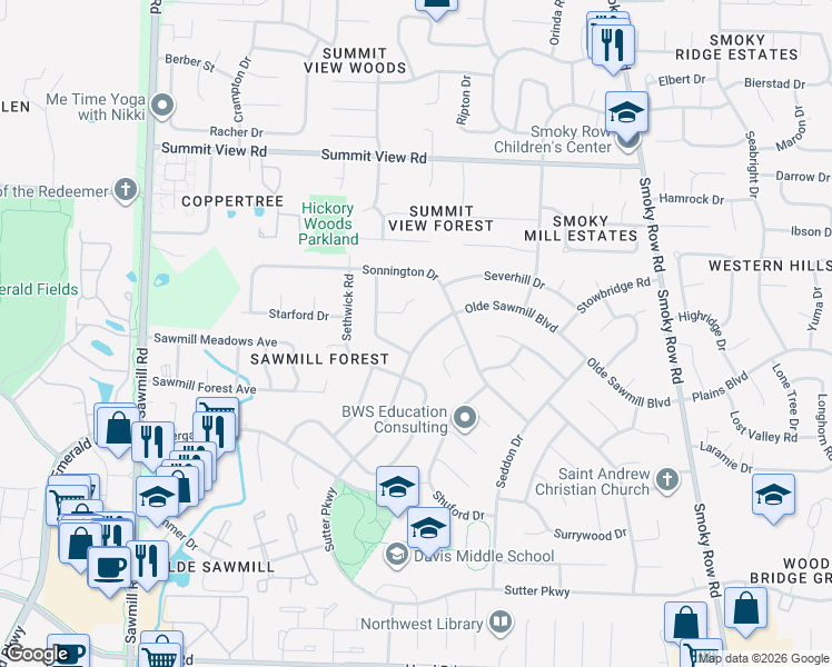 map of restaurants, bars, coffee shops, grocery stores, and more near 2344 Olde Sawmill Boulevard in Dublin