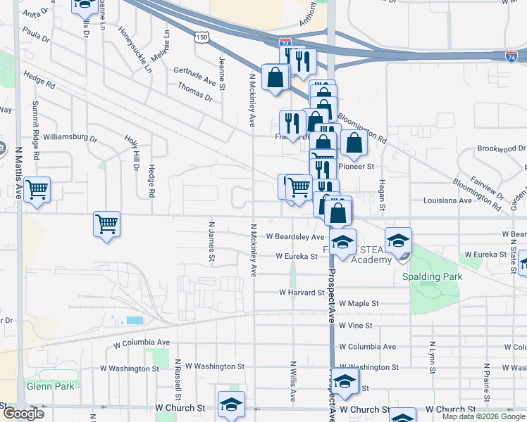 map of restaurants, bars, coffee shops, grocery stores, and more near 1010 Northwood Street in Champaign