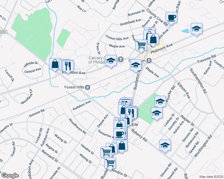 map of restaurants, bars, coffee shops, grocery stores, and more near 400 Laura Lane in Philadelphia