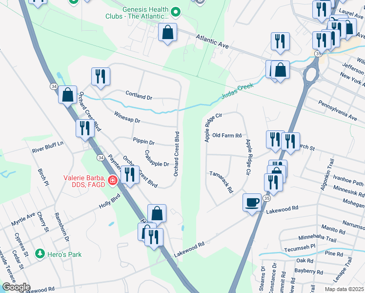 map of restaurants, bars, coffee shops, grocery stores, and more near 2374 Orchard Crest Boulevard in Manasquan
