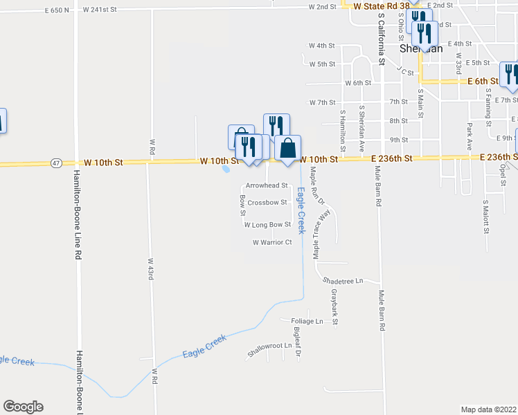 map of restaurants, bars, coffee shops, grocery stores, and more near 216 Cross Bow Street in Sheridan