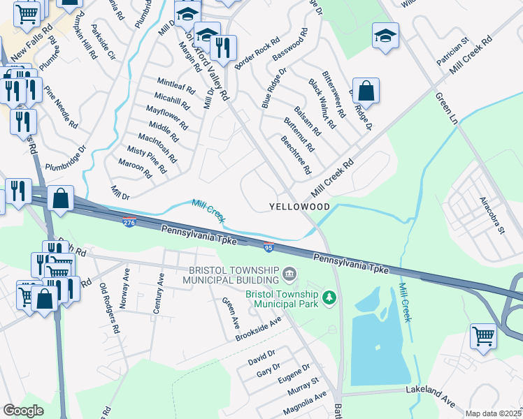 map of restaurants, bars, coffee shops, grocery stores, and more near 119 Pamela Court in Levittown