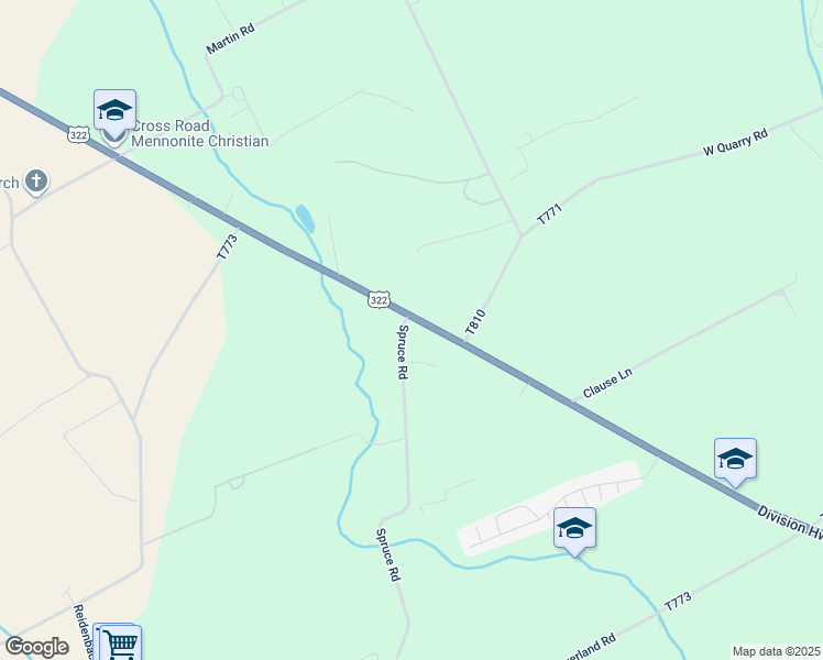 map of restaurants, bars, coffee shops, grocery stores, and more near 3409 Division Highway in New Holland