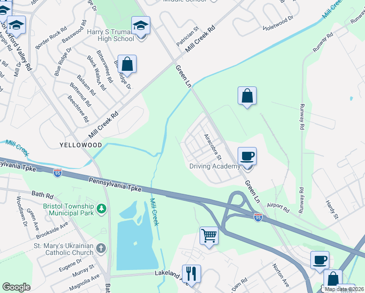 map of restaurants, bars, coffee shops, grocery stores, and more near 5702 Fleetwing Drive in Levittown