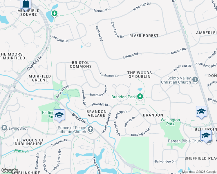 map of restaurants, bars, coffee shops, grocery stores, and more near 7624 Heatherwood Lane in Dublin