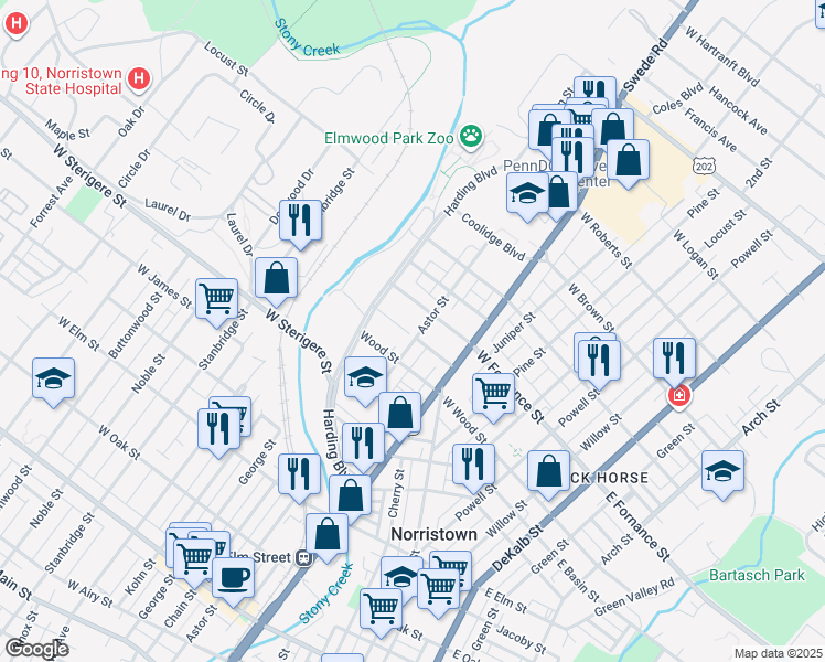 map of restaurants, bars, coffee shops, grocery stores, and more near 406 West Fornance Street in Norristown