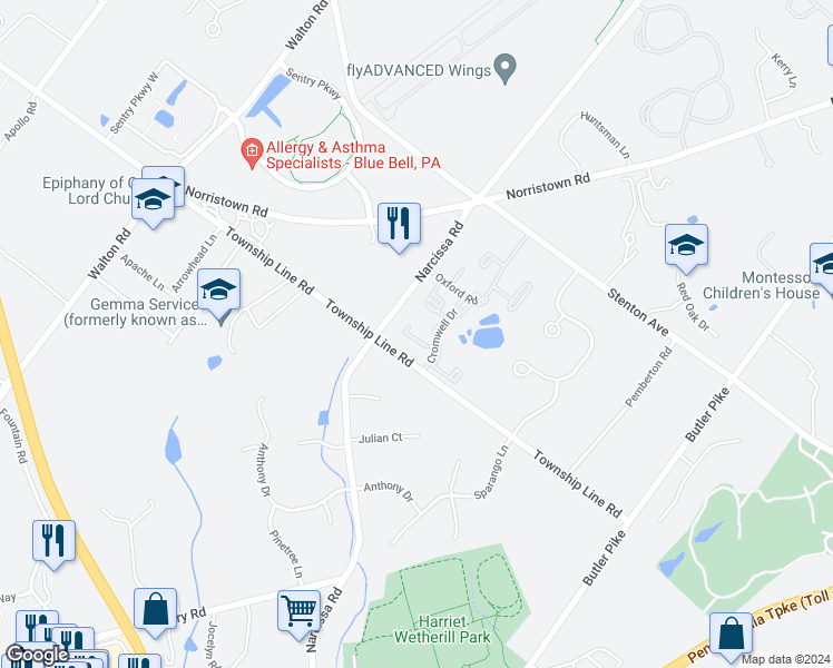 map of restaurants, bars, coffee shops, grocery stores, and more near 43 Winston Court in Blue Bell