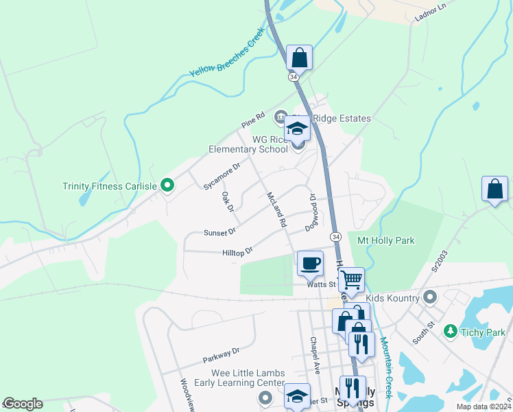 map of restaurants, bars, coffee shops, grocery stores, and more near 104 Sunset Drive in Mount Holly Springs