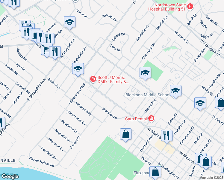 map of restaurants, bars, coffee shops, grocery stores, and more near 16 Colonial Avenue in Eagleville