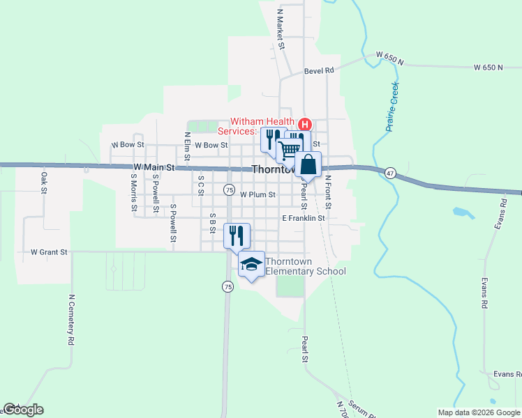 map of restaurants, bars, coffee shops, grocery stores, and more near 200 South Market Street in Thorntown