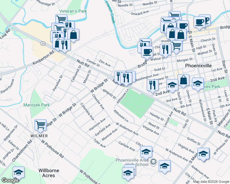 map of restaurants, bars, coffee shops, grocery stores, and more near 8 Cherry Street in Phoenixville