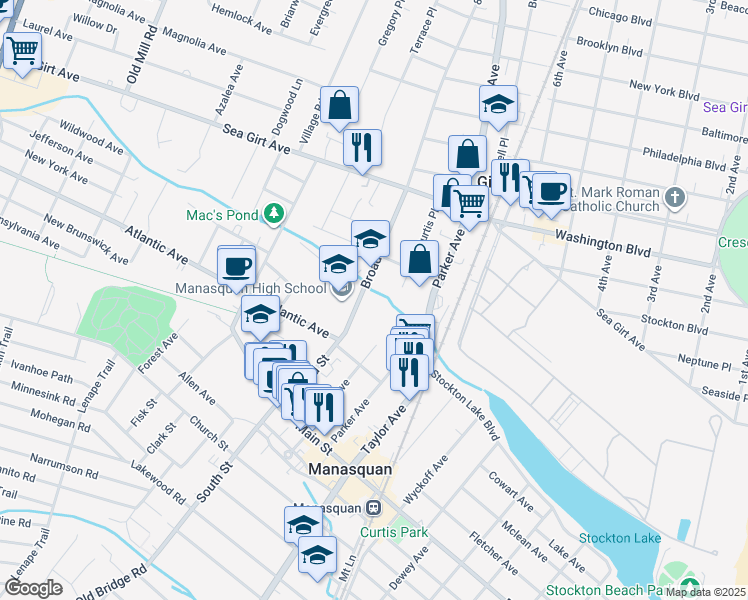 map of restaurants, bars, coffee shops, grocery stores, and more near 168 Broad Street in Manasquan