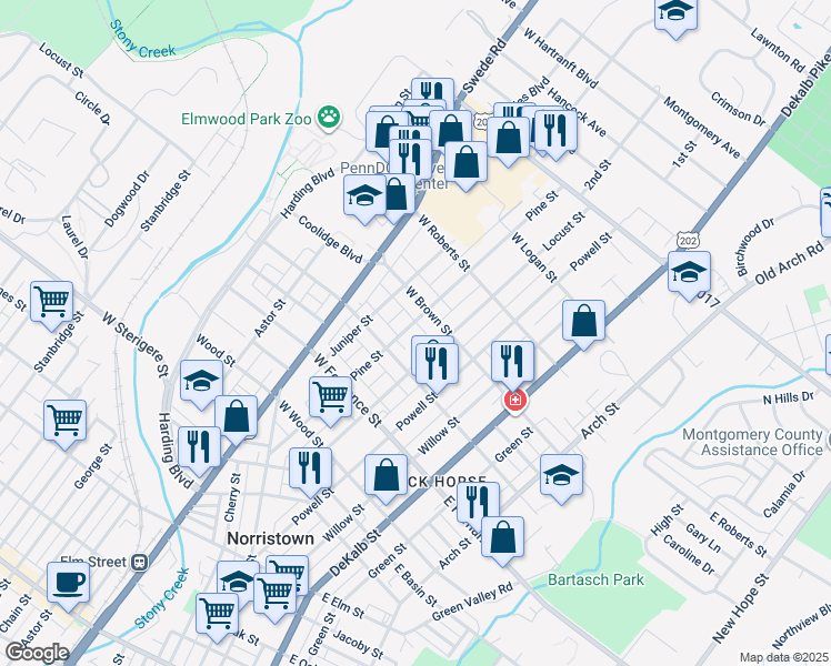 map of restaurants, bars, coffee shops, grocery stores, and more near 1518 Pine St in Norristown