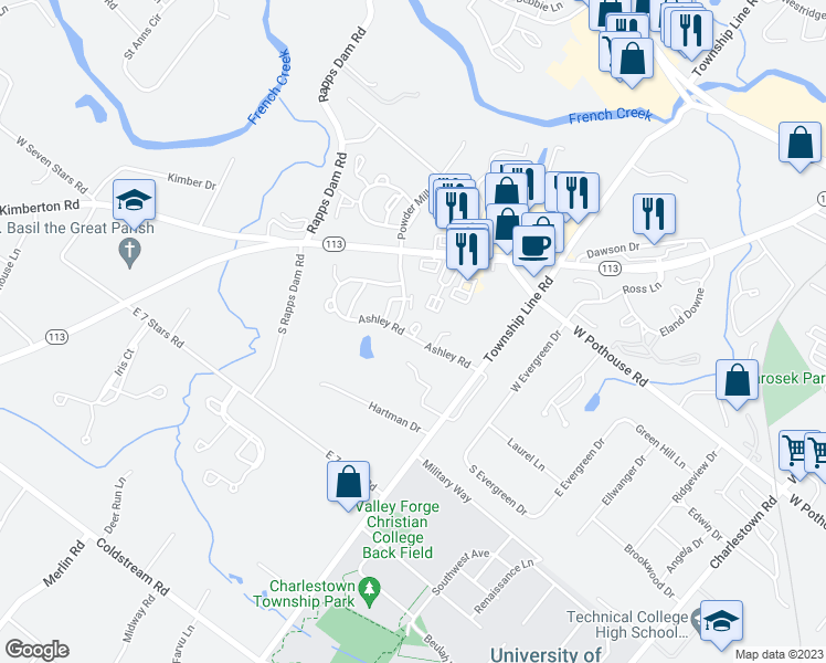 map of restaurants, bars, coffee shops, grocery stores, and more near 1213 Durham Court in Phoenixville