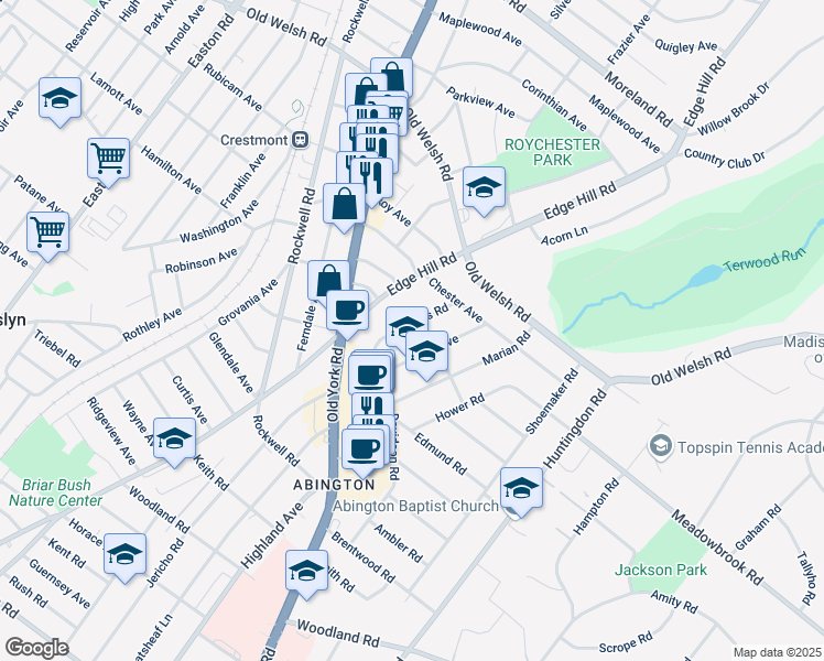 map of restaurants, bars, coffee shops, grocery stores, and more near 1571 Williams Road in Abington