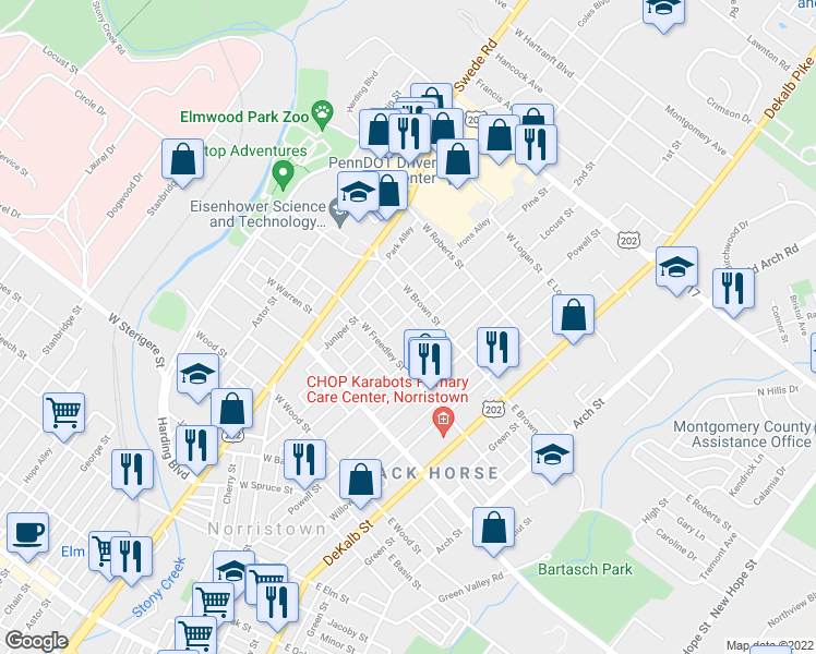 map of restaurants, bars, coffee shops, grocery stores, and more near 1518 Pine St in Norristown