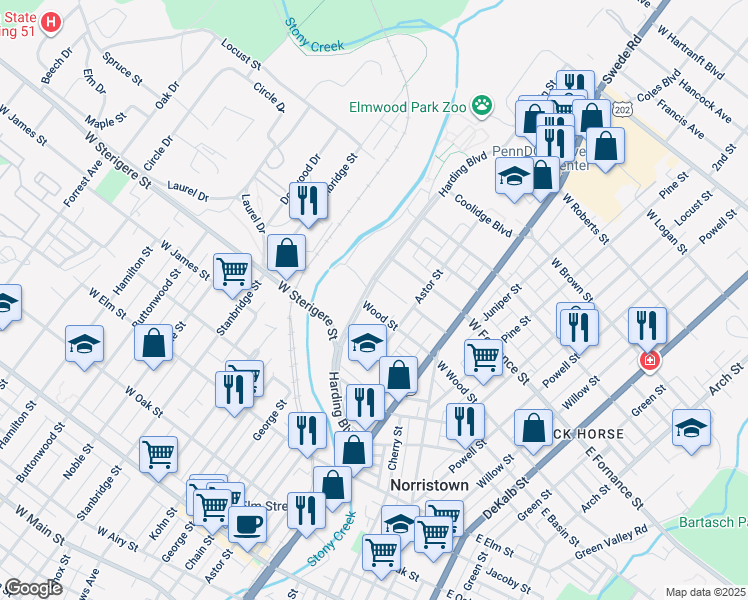 map of restaurants, bars, coffee shops, grocery stores, and more near 1310 Harding Boulevard in Norristown