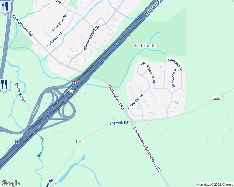 map of restaurants, bars, coffee shops, grocery stores, and more near 11 Coventry Court in Bordentown