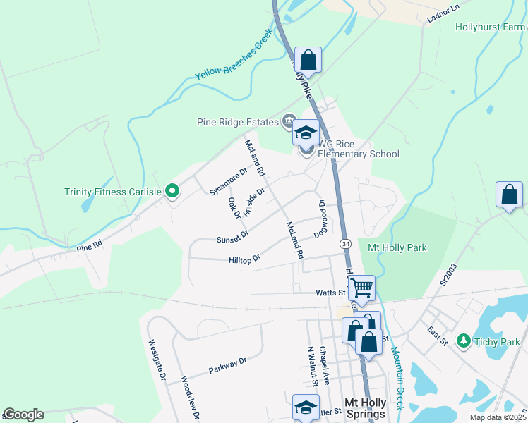 map of restaurants, bars, coffee shops, grocery stores, and more near 104 Sunset Drive in Mount Holly Springs