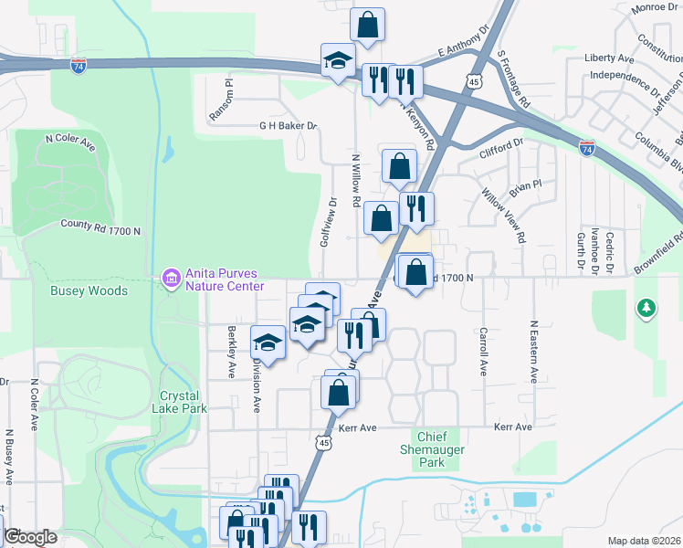 map of restaurants, bars, coffee shops, grocery stores, and more near 1605 North Willow Road in Urbana