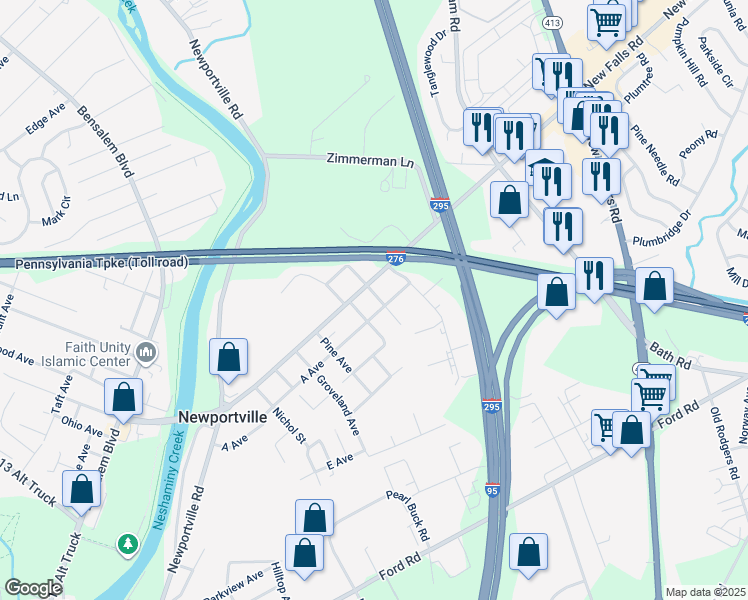 map of restaurants, bars, coffee shops, grocery stores, and more near 4101 Hillside Avenue in Levittown