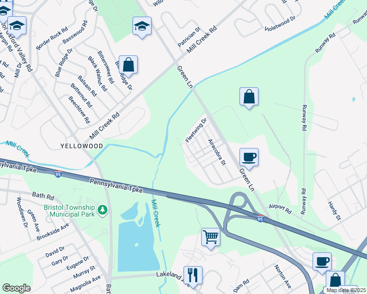 map of restaurants, bars, coffee shops, grocery stores, and more near 2429 Fleetwing Drive in Levittown