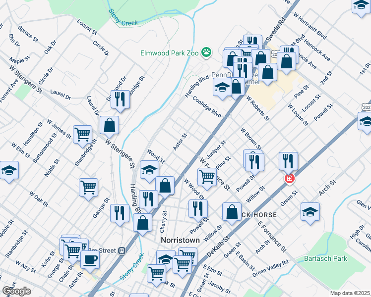 map of restaurants, bars, coffee shops, grocery stores, and more near 320 West Fornance Street in Norristown