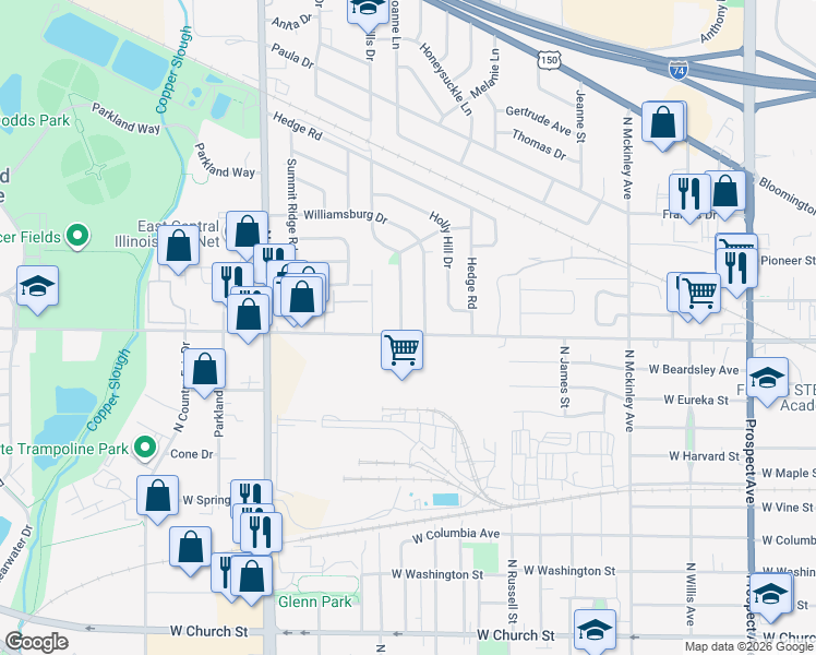 map of restaurants, bars, coffee shops, grocery stores, and more near 1207 Garden Hills Drive in Champaign