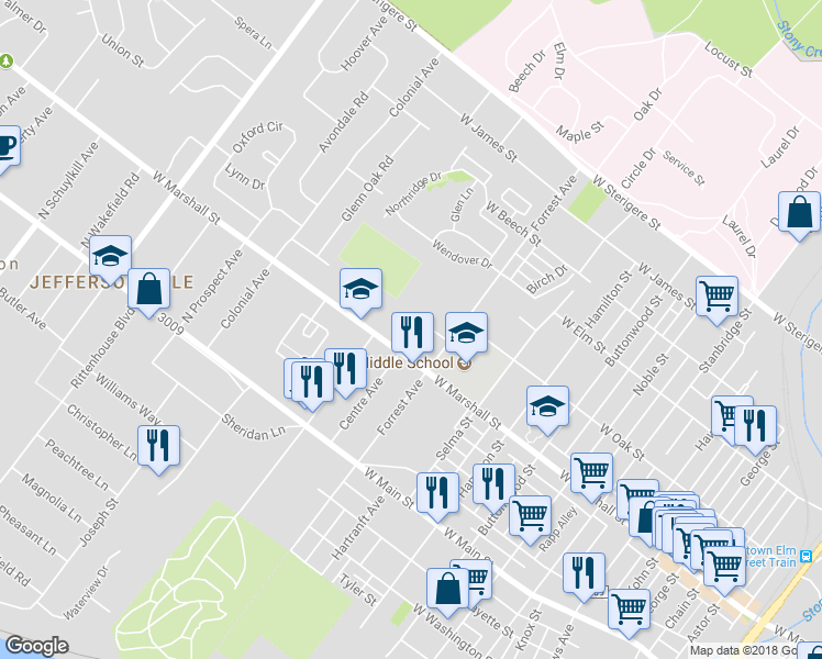 map of restaurants, bars, coffee shops, grocery stores, and more near 105 Centre Avenue in Norristown