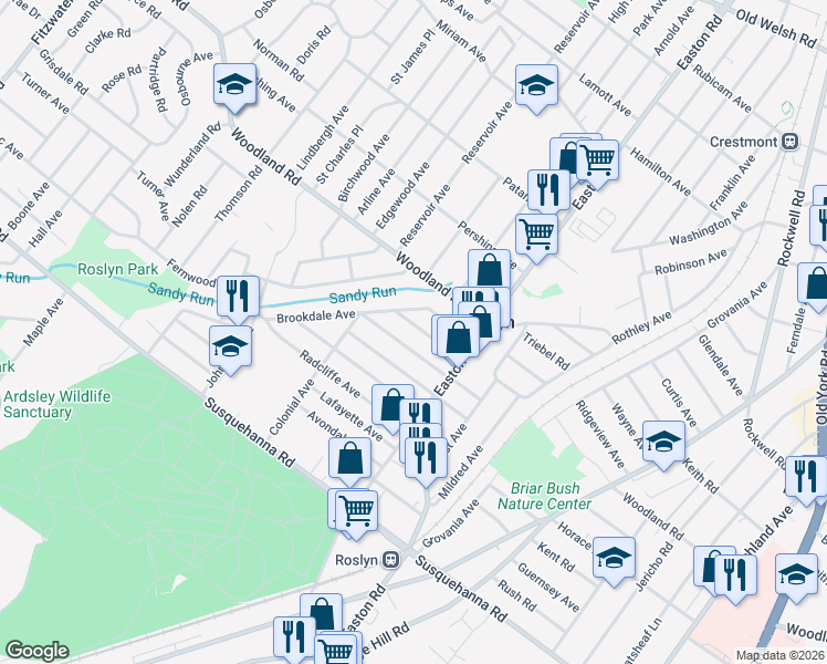 map of restaurants, bars, coffee shops, grocery stores, and more near 2459 Arlington Avenue in Abington