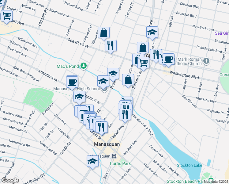 map of restaurants, bars, coffee shops, grocery stores, and more near 168 Broad Street in Manasquan